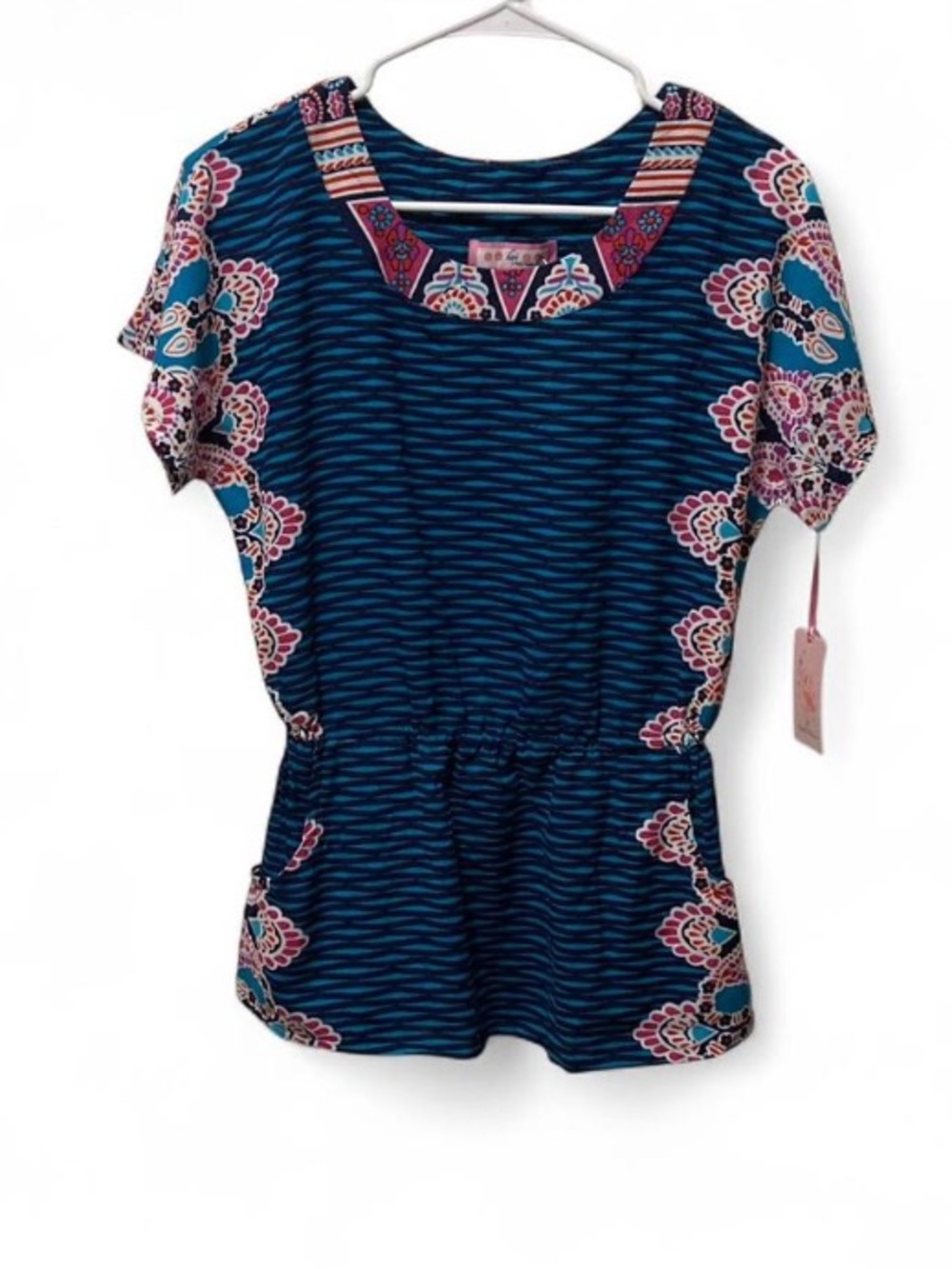 Koi Boho Abstract Navy Patterned Short Sleeve Top NWT